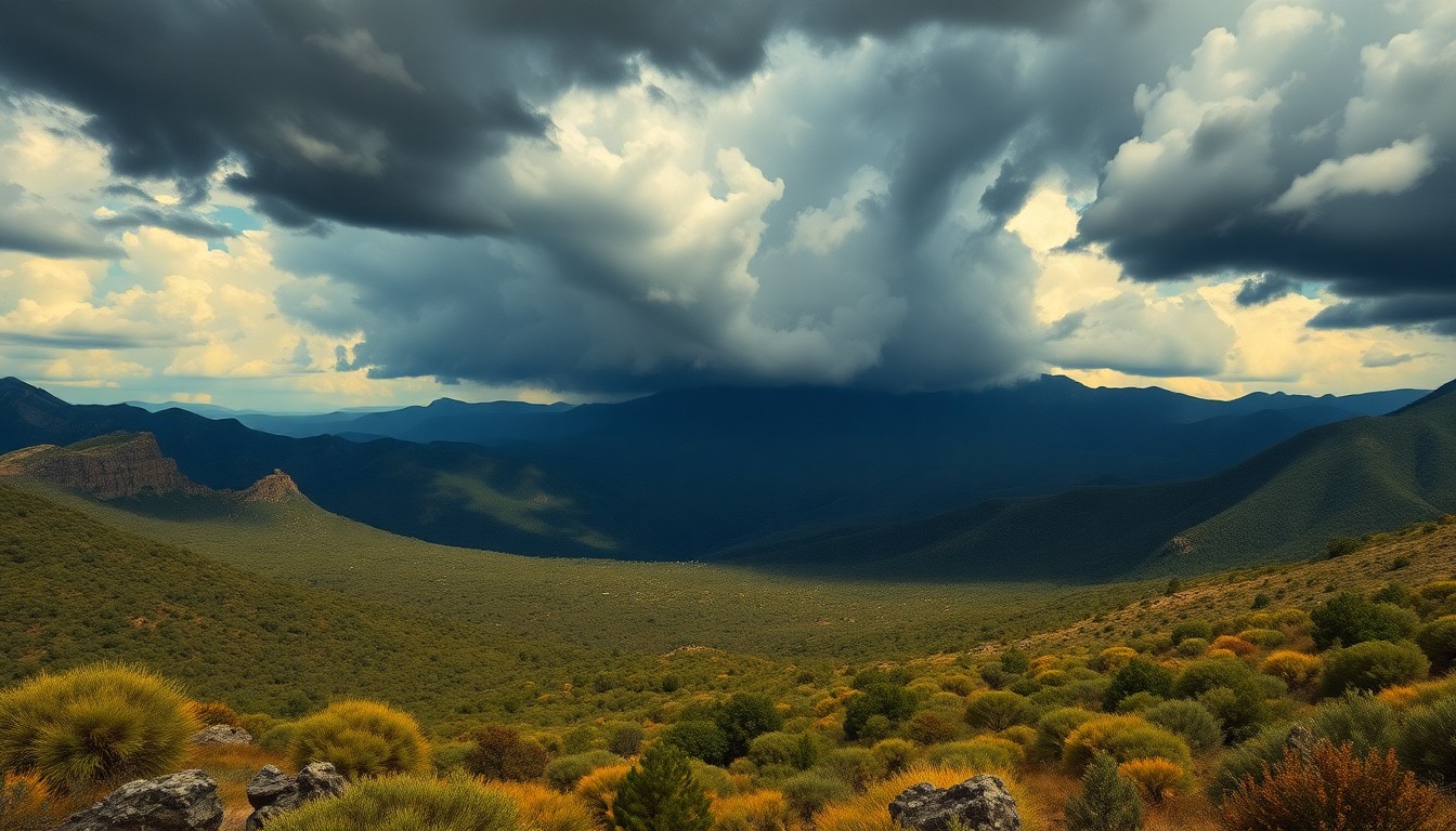 A vast, atmospheric landscape painting in muted earth tones, with rugged vegetation in the foreground dwarfed by the sweeping scale of the Tonto National Forest and ominous storm clouds overhead, conveying the sublime power of nature.