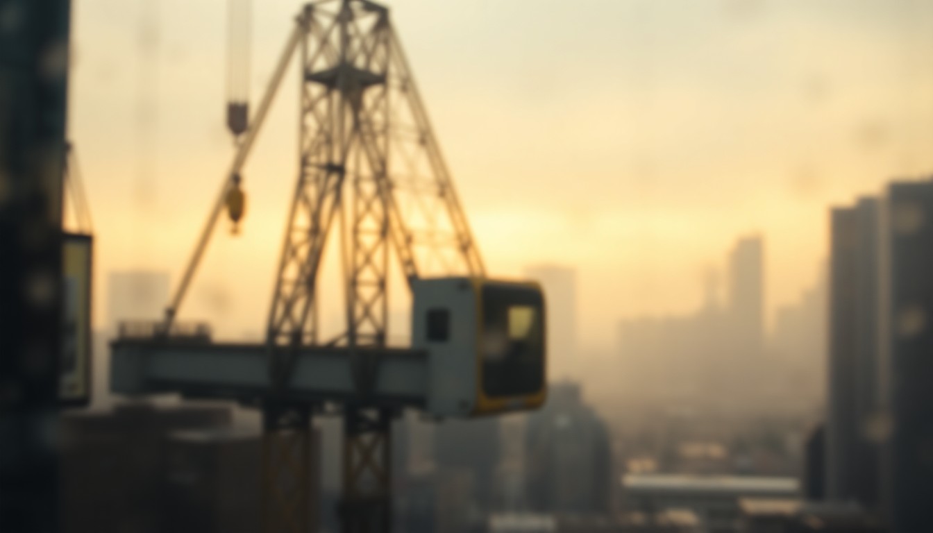 An abstract, impressionistic photograph showing the blurred outline of a large crane lifting a metal structure, with the cityscape in the background rendered in soft, warm pools of light and color.