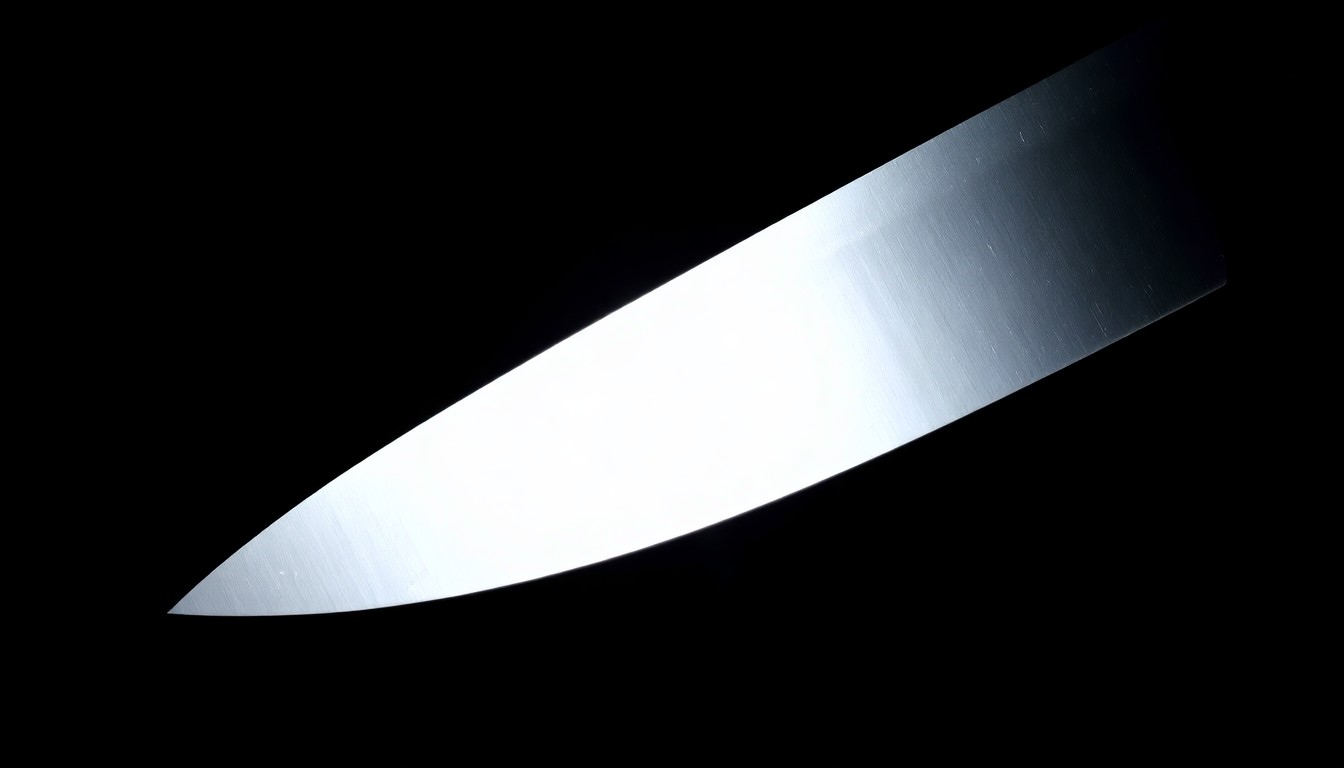 An extreme close-up photograph of a knife blade against a pitch-black background, lit by a harsh, direct camera flash, conceptually illustrating the violence of a random stabbing attack.