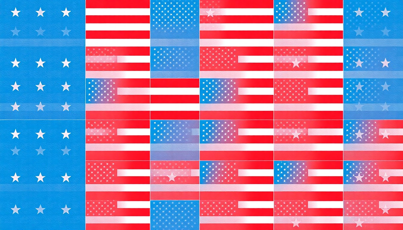 A vibrant, abstract silkscreen print featuring the iconic American flag design repeated in a grid, capturing the patriotic spirit of the American Legion Family Day event.