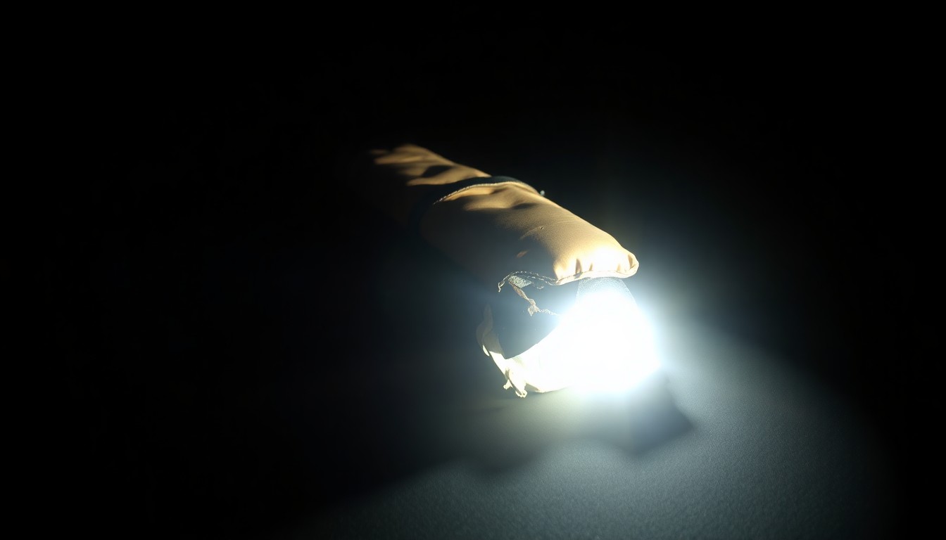 An extreme close-up photograph of a damaged life jacket or boat fragment, lit by a harsh, direct camera flash against a pitch-black background, conceptually representing the aftermath of the capsized boat incident.