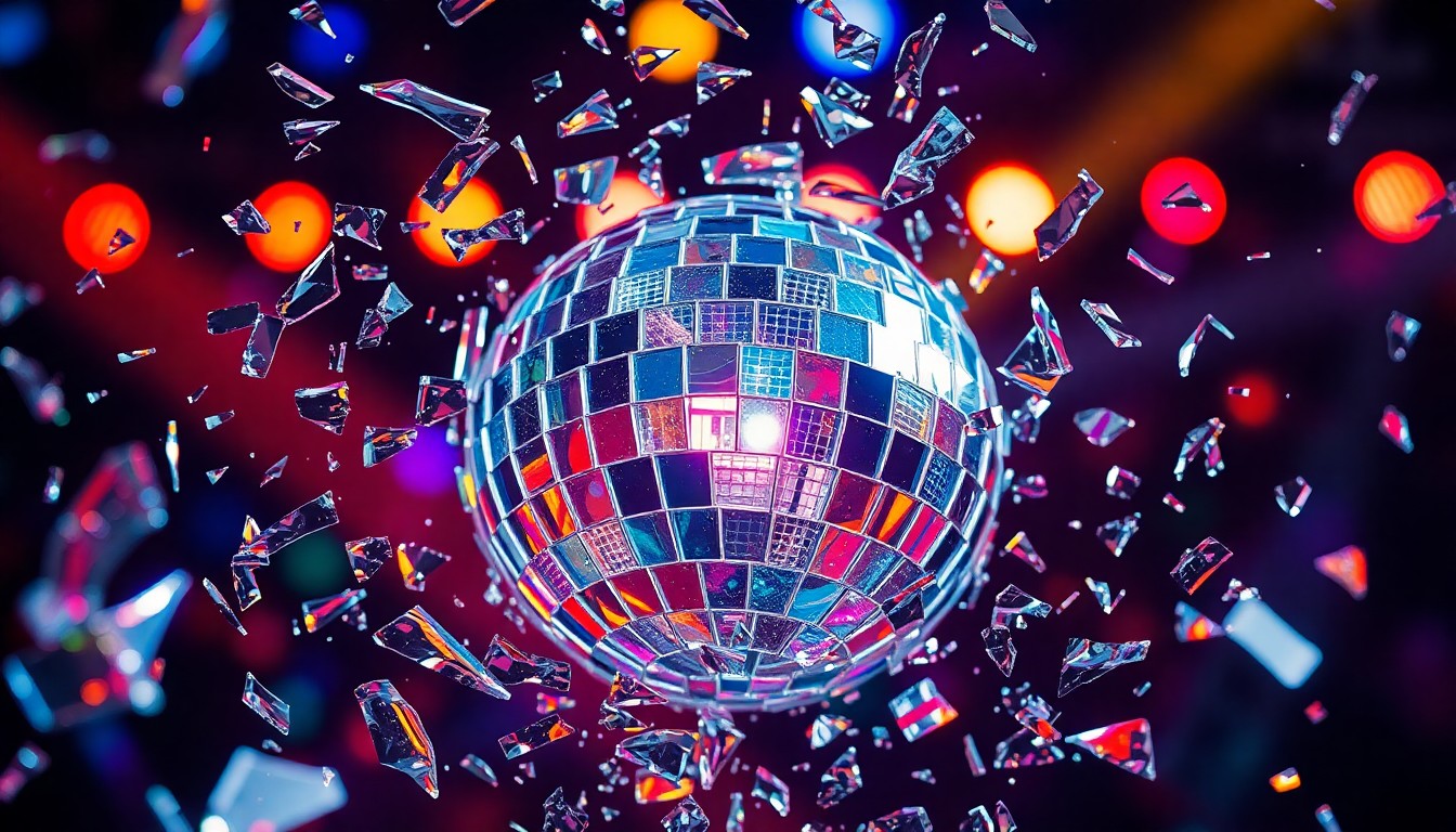 An abstract close-up image of shattered, glittering glass fragments reflecting colorful stage lights, conveying the energy and fusion of genres present in the week's musical performances.