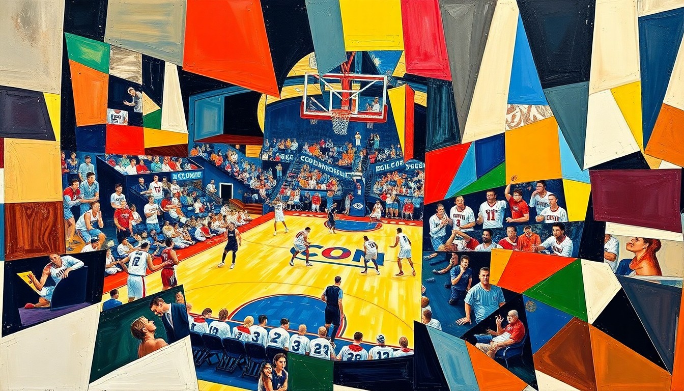 A cubist, geometric painting depicting the chaotic action of a college basketball game, with sharp planes of UConn's blue and white colors contrasting against their opponent's hues, representing the complex challenges facing the Huskies as they reconstruct their roster for next season.