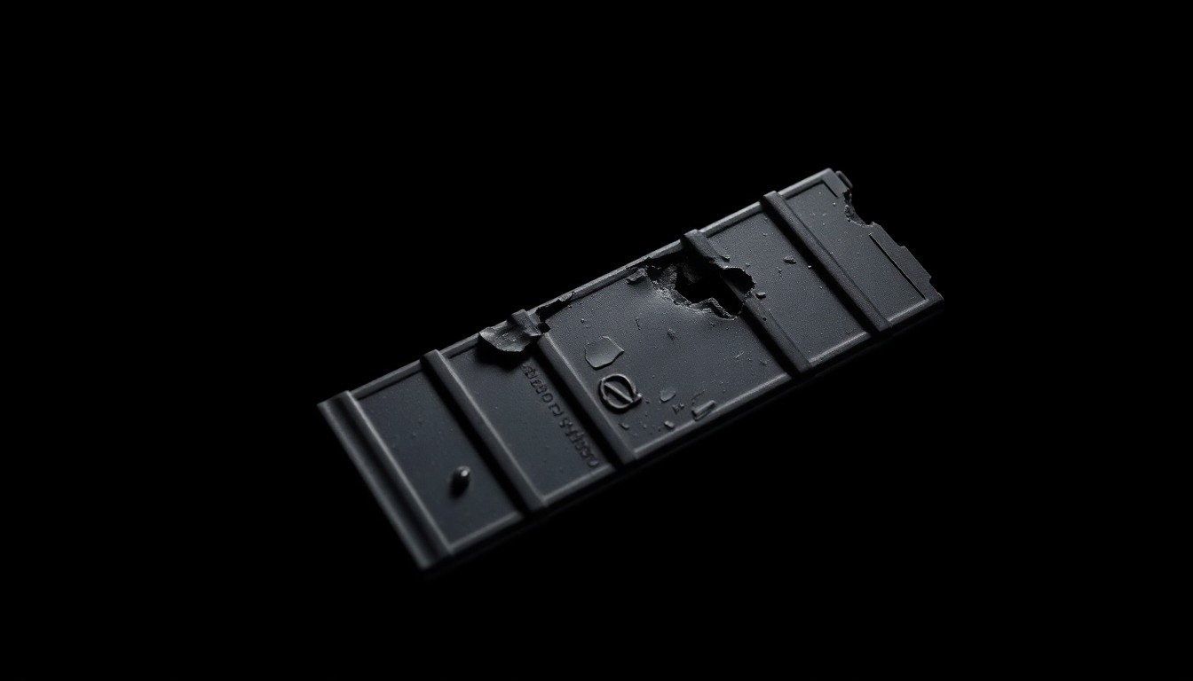 An extreme close-up of a damaged AR-15 rifle magazine, the metal surface reflecting the harsh light of the camera flash against a dark background, conveying a stark, gritty, and investigative aesthetic.