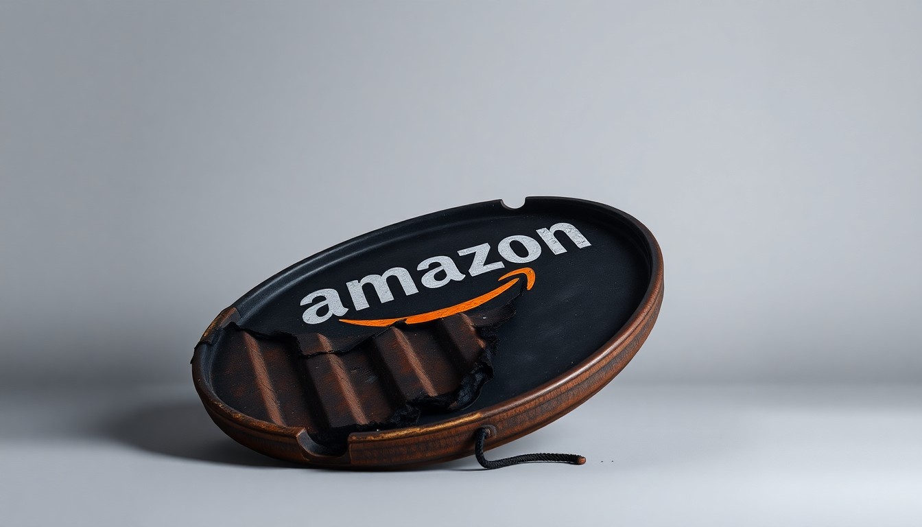 A photorealistic studio still-life image showing a charred, twisted metal shipping container lid resting on a clean, monochromatic background, symbolizing the disruption to Amazon's supply chain caused by recent cargo train fires in Los Angeles.