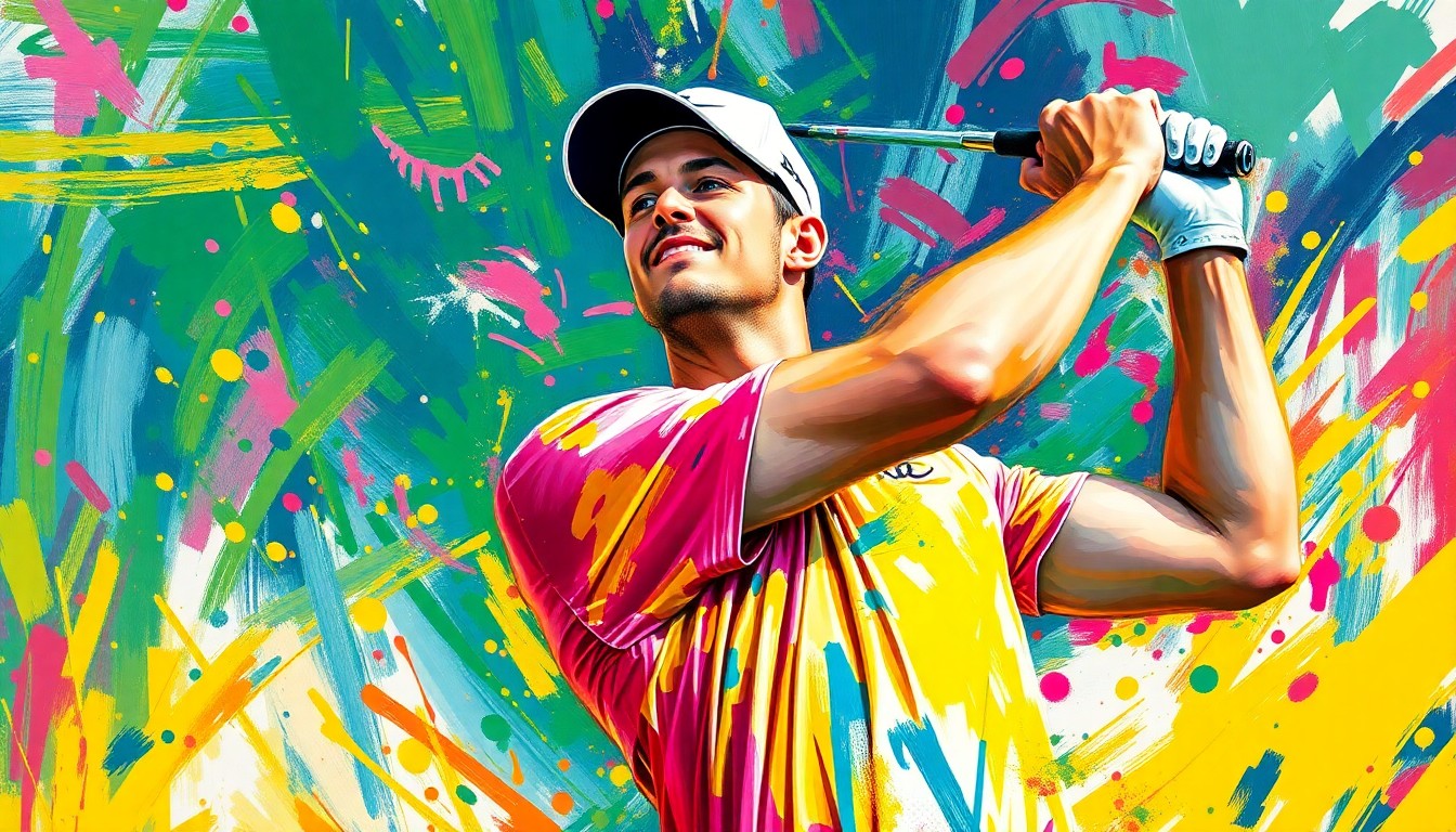 An abstract, expressionist painting in vibrant neon colors depicting the dynamic motion of a golfer's swing, with the face and details dissolved into unrecognizable brushstrokes, capturing the raw energy and emotion of Rory McIlroy's Masters triumph.