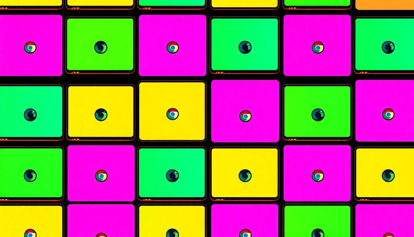 A bold, colorful silkscreen-style illustration featuring a repeating grid of Chromebook laptop icons in bright neon shades, conceptually representing the district's investment in updated educational technology.