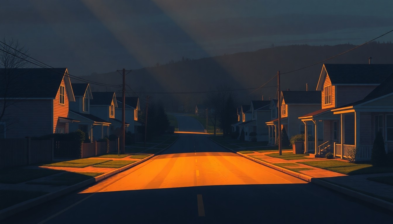 A serene, impressionistic painting of a winding road through a small town, with sunlight casting long shadows across the pavement and surrounding homes, conveying a sense of community and civic responsibility.