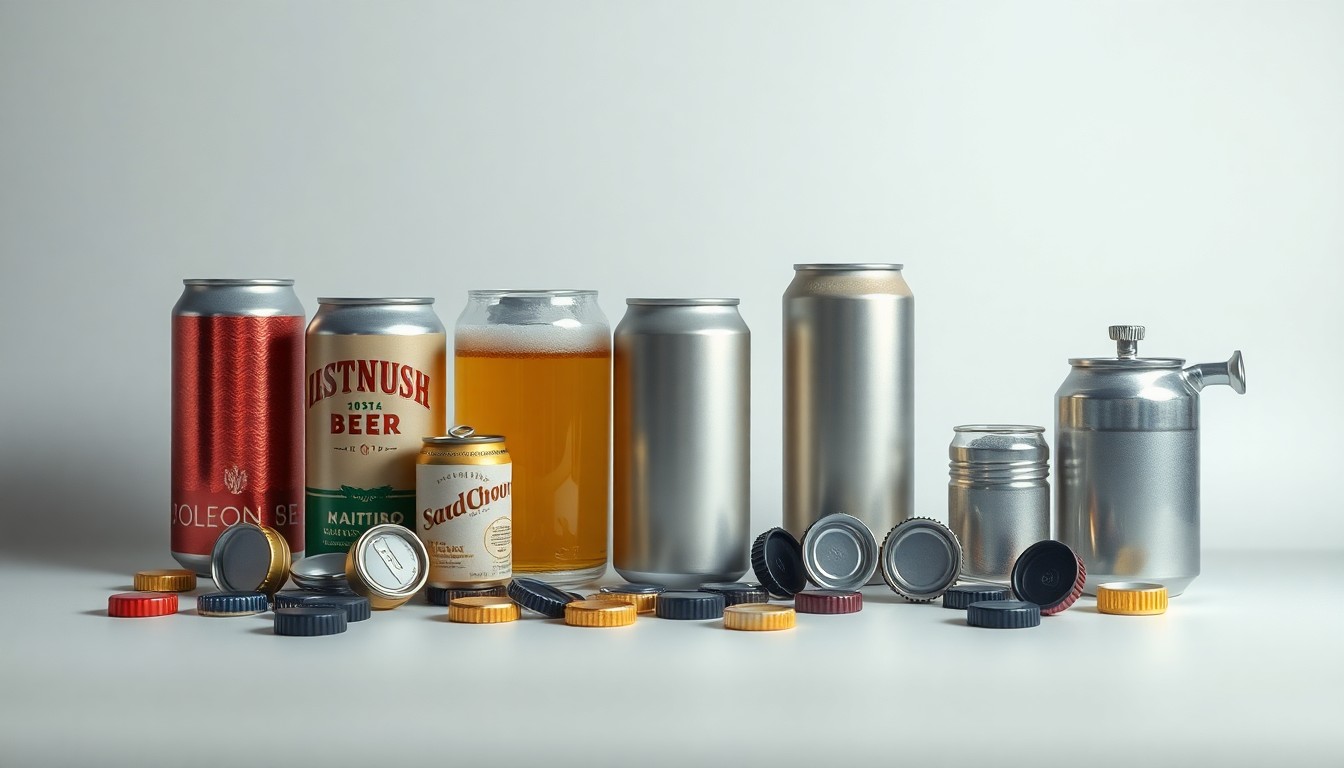 A high-end, photorealistic studio still-life photograph featuring a collection of premium beer cans, bottle caps, and other brewing equipment arranged elegantly on a clean, monochromatic seamless background, conceptually representing the economic challenges facing the craft beer industry.