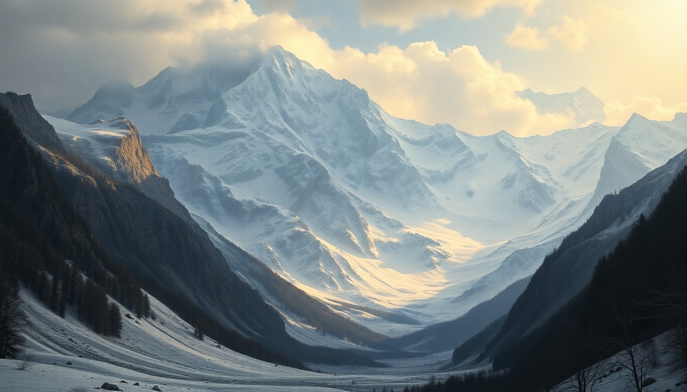 A sweeping, atmospheric landscape painting depicting a dramatic, snow-covered mountain range under heavy, ominous clouds, conveying the sense of the approaching winter weather.