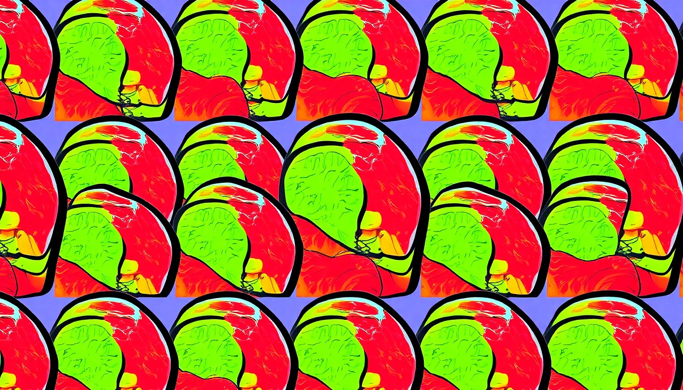 A vibrant, high-contrast silkscreen print of a pile of colorful poke ingredients like tuna, avocado, and vegetables, repeated in a grid pattern to create a modern pop art representation of the popular Hawaiian dish.