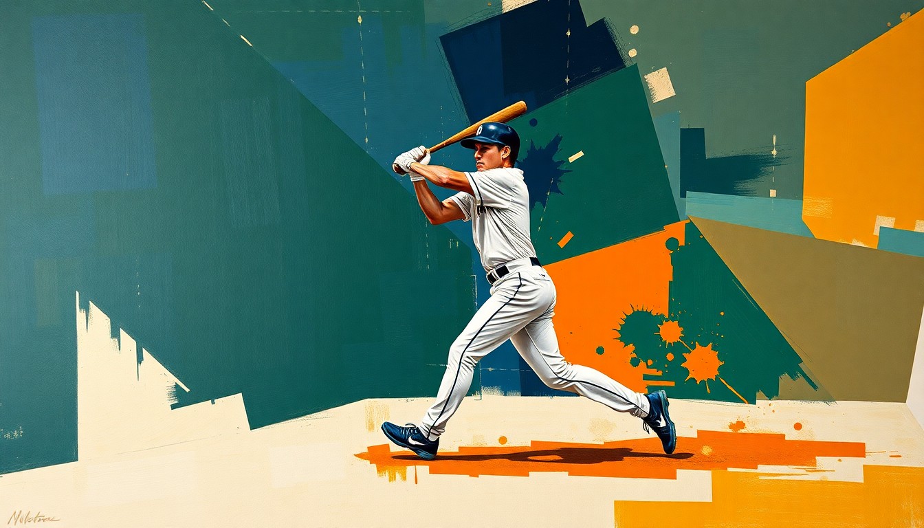 A fractured, cubist-style illustration depicting the motion of a baseball player in action, with sharp geometric shapes and planes in navy, green, and orange hues, conveying the challenges the Brewers face with multiple injuries.