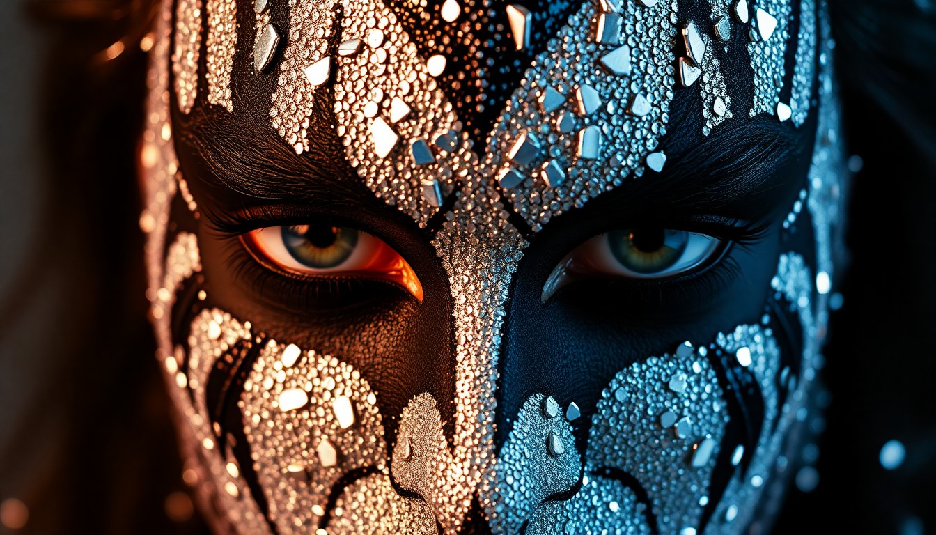 An extreme close-up photograph showcasing the dramatic, high-contrast textures of KISS-inspired makeup elements like metallic face paint, sequins, and crushed mirror shards, conceptually representing the futuristic and immersive nature of the band's planned avatar concert show.