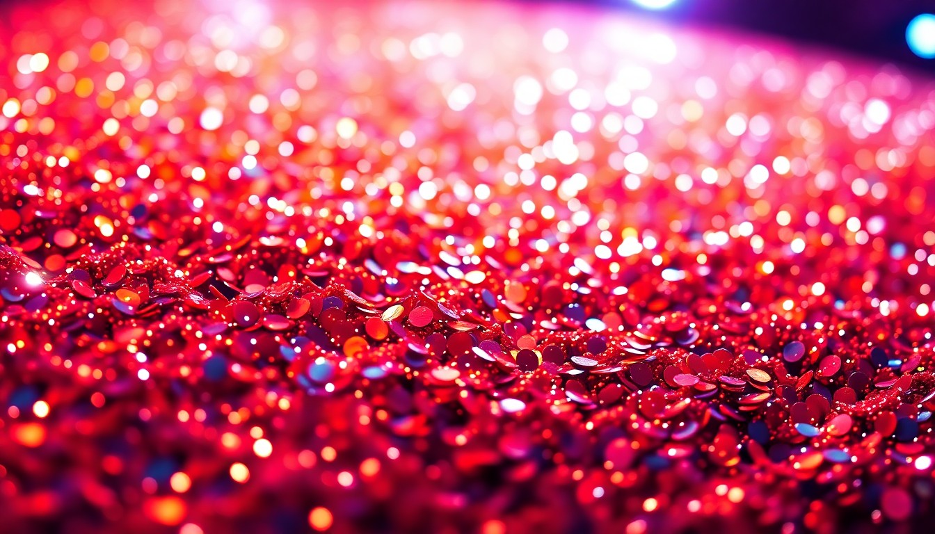 An abstract close-up image of shimmering, glittering sequins captured in dramatic, high-contrast studio lighting, conveying the glamour and energy of a live music performance.