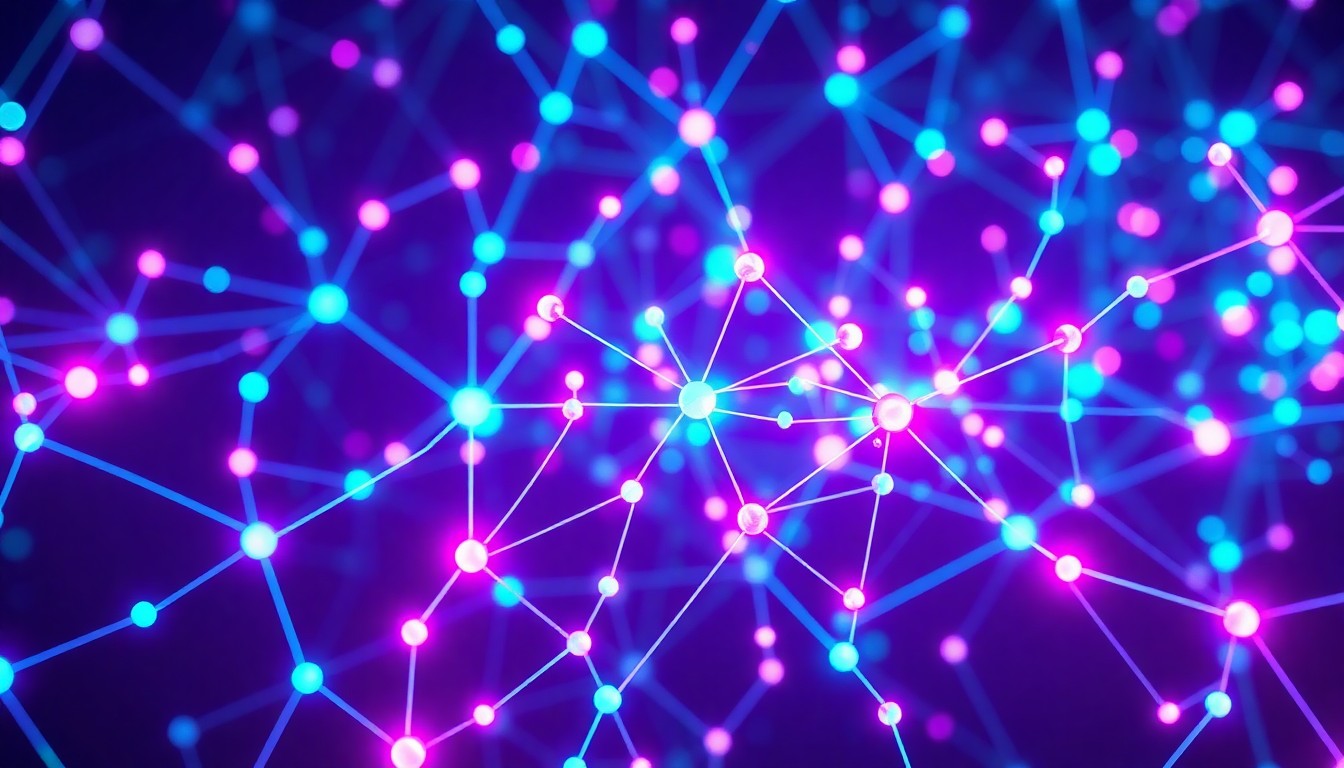 A highly detailed, 3D illustration of a glowing, luminous AI neural network with pulsing nodes and connections, representing the complex algorithms that can automate decision-making processes. The network is bathed in vibrant neon cyan and magenta lights, creating an ethereal, high-tech atmosphere.