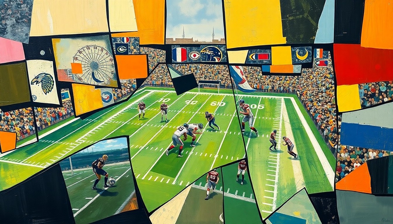 A cubist, geometric painting depicting a fragmented football field and players, conveying the strategic focus on special teams that new Giants head coach John Harbaugh is expected to bring to the team.