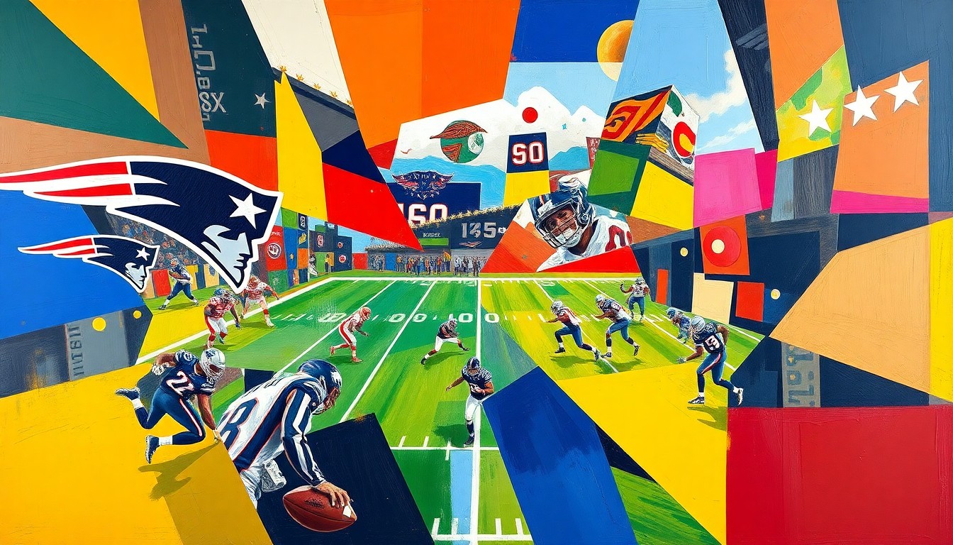A cubist, geometric painting depicting a football game or competition, with sharp, overlapping planes of color representing the players and action on the field.