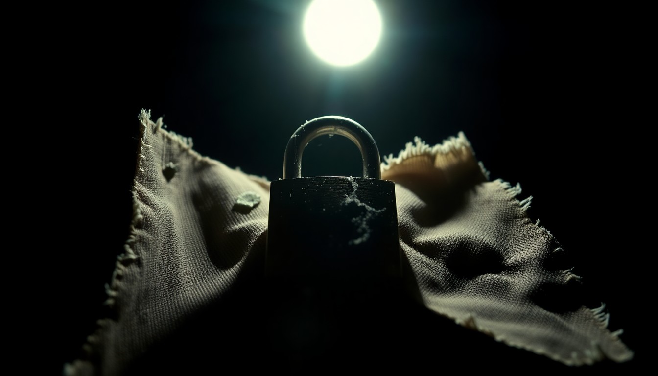 An extreme close-up photograph of a single piece of crime scene evidence, such as a broken lock or torn fabric, lit by a harsh, direct camera flash against a pitch-black background, conceptually illustrating the stark, investigative nature of this tragic case.