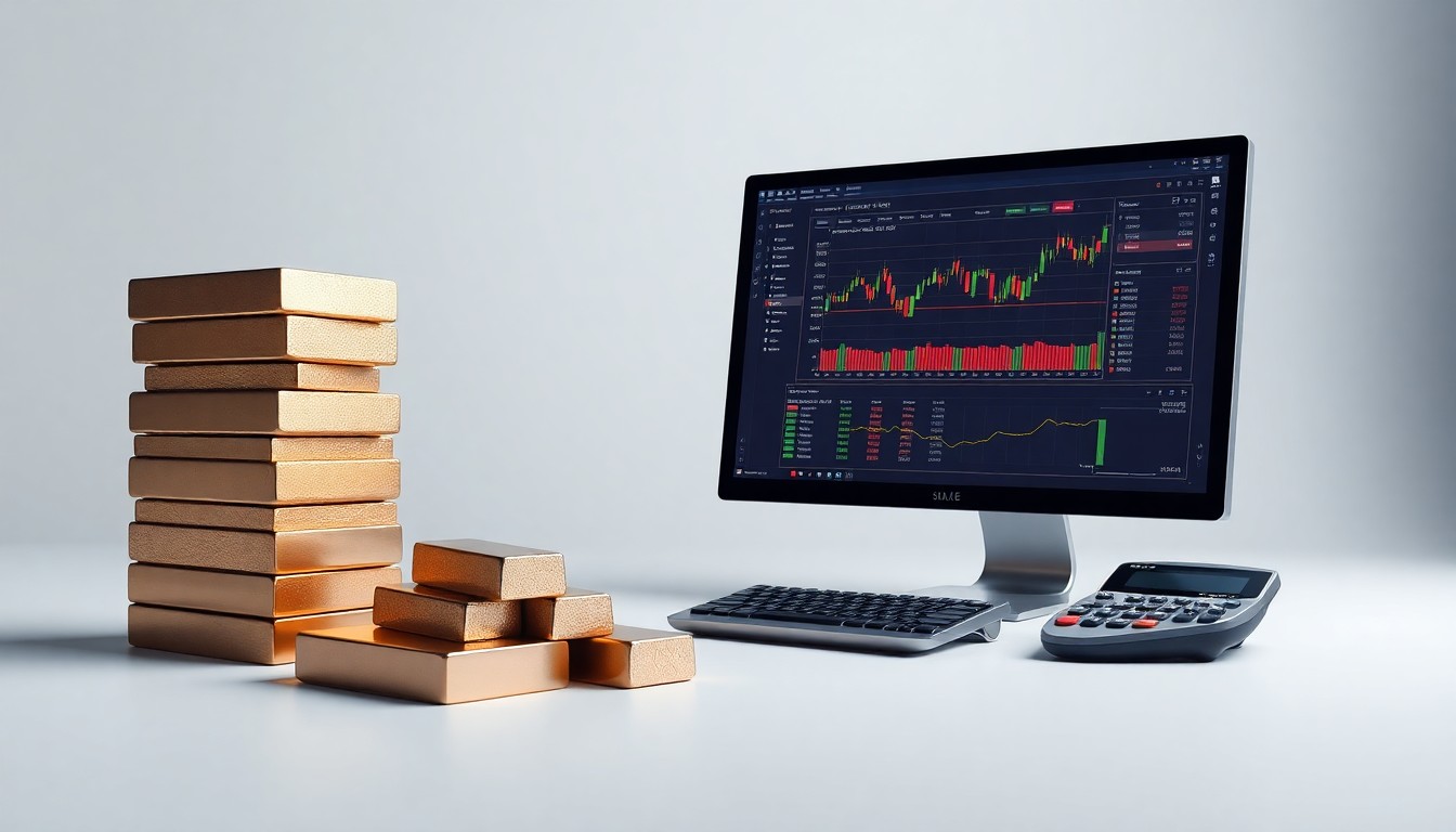 A photorealistic studio still life featuring a stack of metal ingots or bars, a computer monitor displaying a trading dashboard, and a calculator, all arranged elegantly on a clean, monochromatic background to symbolize the technological innovation and financial risk management tools empowering real-asset businesses.