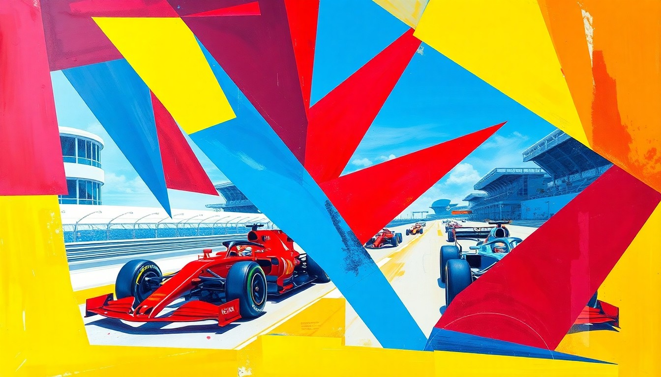 A fractured, cubist-style painting depicting the 2026 Miami Grand Prix race, with sharp geometric planes of red, blue, and yellow representing the competing teams and cars in motion.