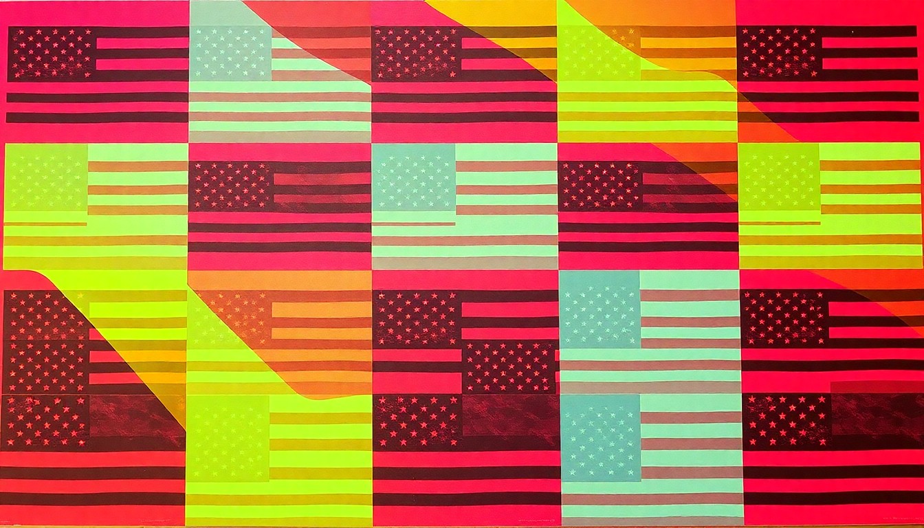 A highly stylized, abstract grid of American flag icons rendered in bold, neon colors and heavy black outlines, conceptually representing the celebratory energy of a national bicentennial event.