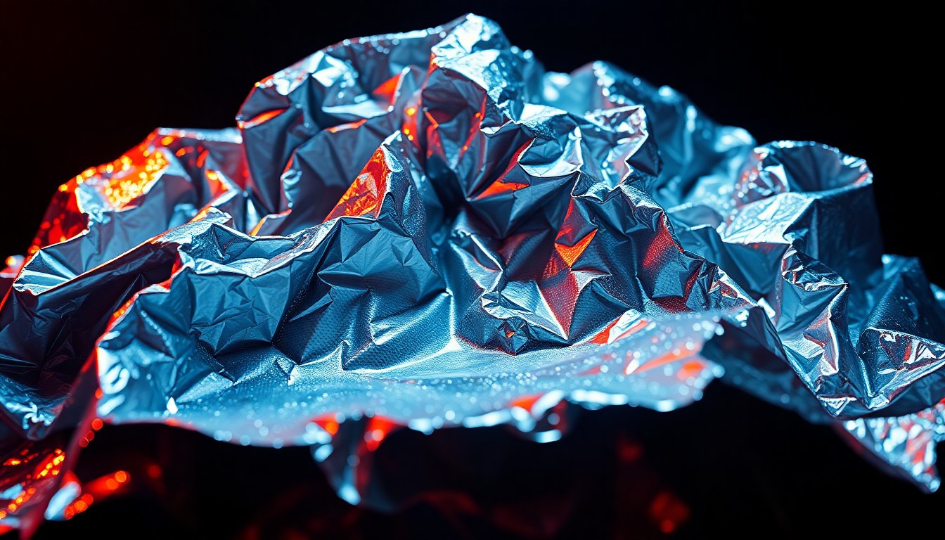 An abstract close-up photograph of shimmering, crumpled silver foil under dramatic studio lighting, conceptually representing the excess and altered states associated with music festival culture.