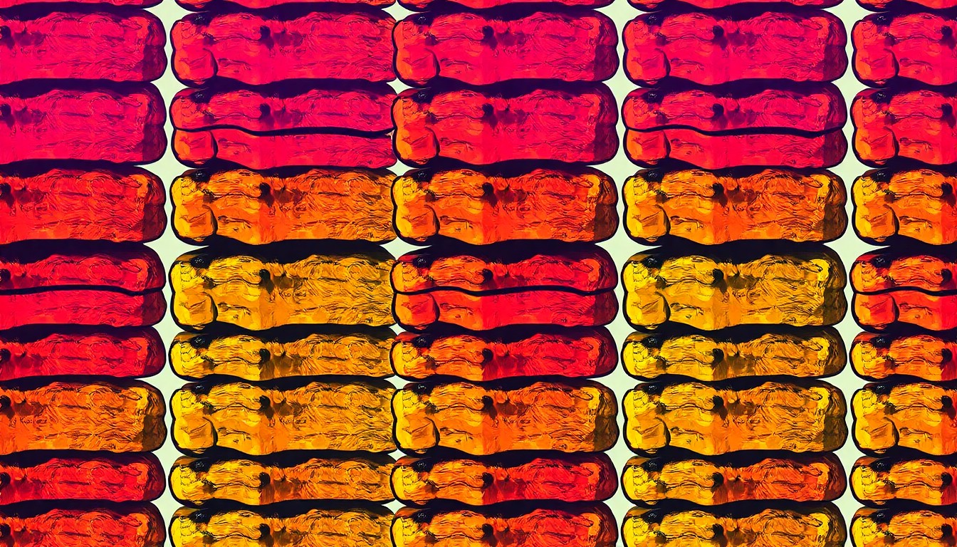 A highly stylized, abstract grid of brightly colored BBQ ribs in a pop art silkscreen style, conceptually representing the energy and community spirit of a church fundraiser event.