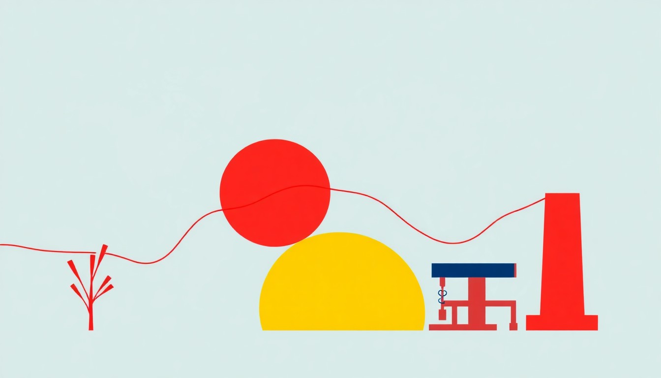 A minimalist illustration featuring bold, overlapping shapes in shades of blue, green, and red, conveying a sense of economic stability and recovery as geopolitical tensions appear to subside.
