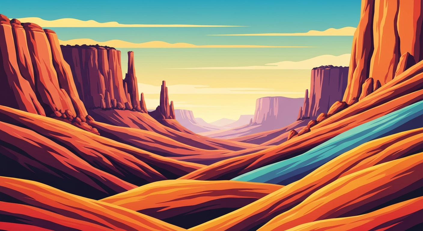 A highly stylized, geometric landscape illustration featuring towering rock formations and rolling hills in shades of blue, green, and gold, conveying the grand scale and natural beauty of the Corral Bluffs and Jimmy Camp Creek areas.