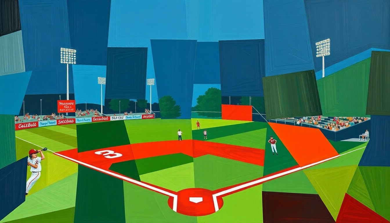 A fragmented, geometric painting depicting a high school softball game, with players and the field broken down into sharp, overlapping planes of navy, green, and red.