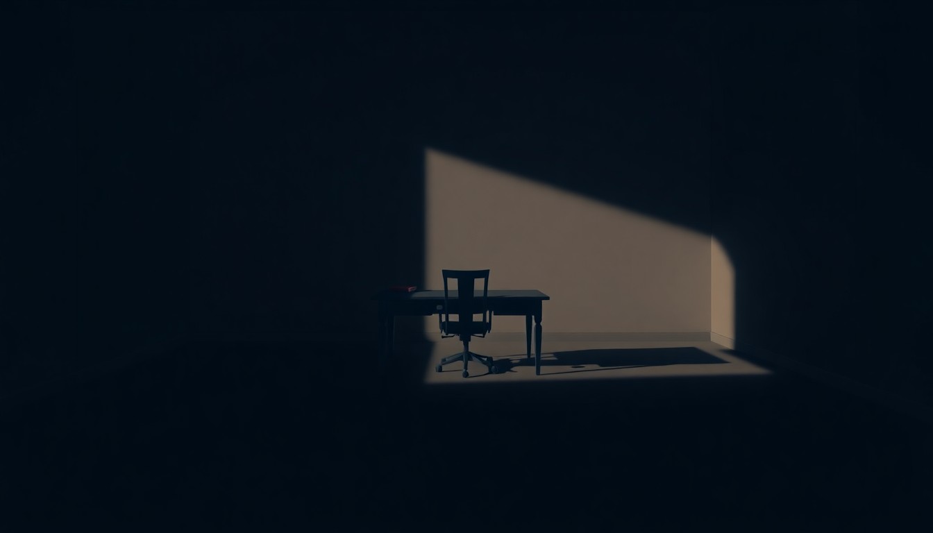 A dimly lit, cinematic office space with a lone desk and chair casting long shadows across the floor, representing the quiet, contemplative nature of tax policy changes.