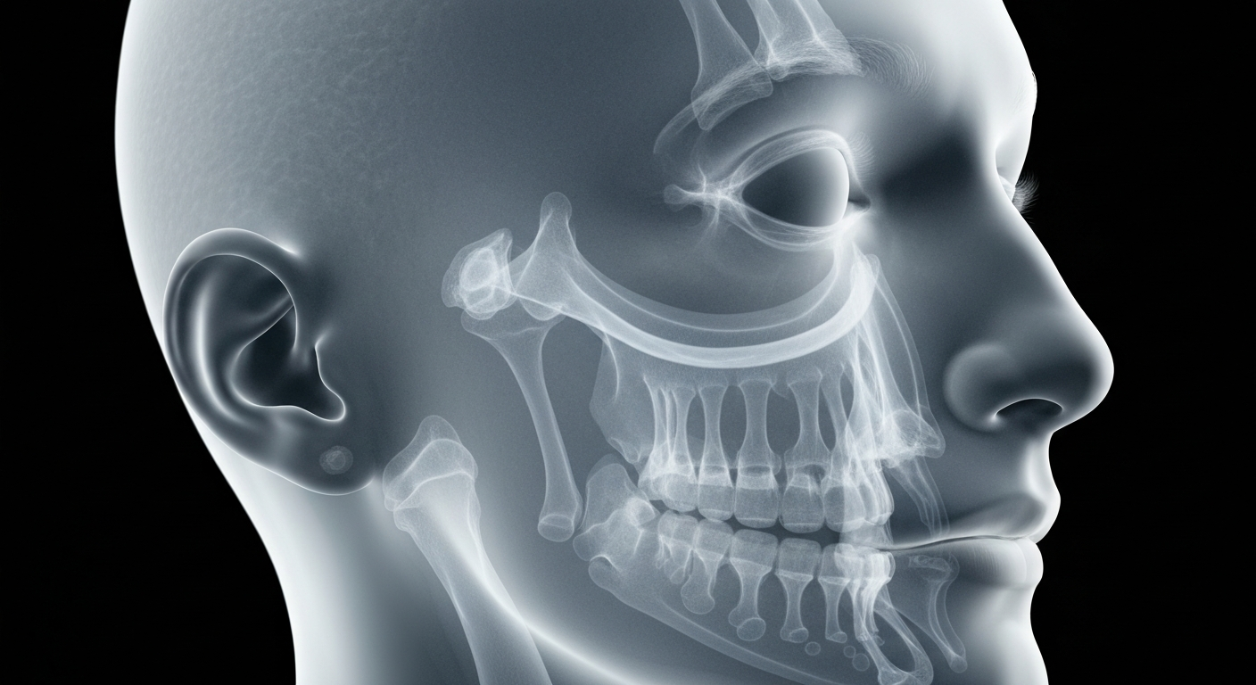 A ghostly, translucent X-ray image showing the intricate bone structure and scarring of a human face, conveying the internal complexities of the human form and the challenges faced by those with visible physical differences.
