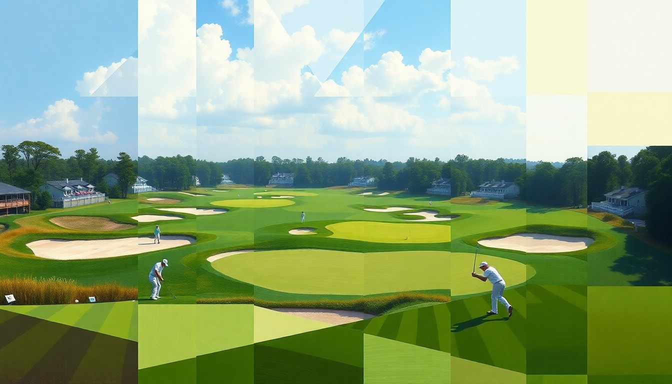 A cubist, geometric painting depicting the final round of the 2026 Masters golf tournament, with overlapping planes of green fairways, sand traps, and golfers in motion, capturing the dynamic energy and competition of the event.