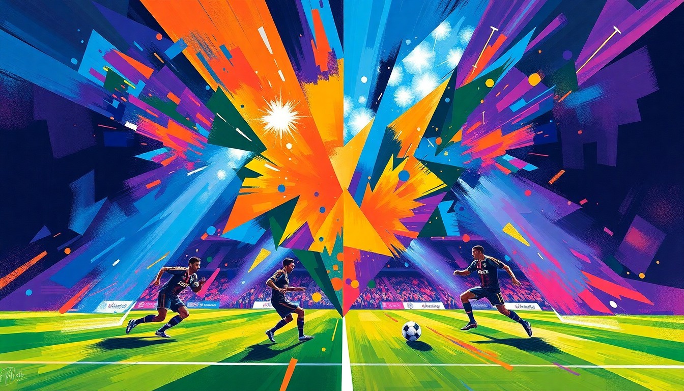 A cubist, geometric painting depicting the dynamic action of a soccer match, with players and the ball fragmented into overlapping planes of vibrant colors, capturing the intensity and complexity of the game.