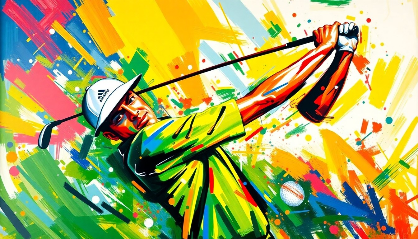 An abstract, expressionist painting in vibrant neon colors depicting the explosive power and dynamic motion of a golfer's swing, capturing the raw energy and competitive spirit of the Masters tournament.
