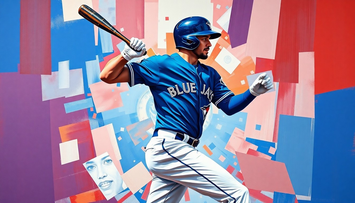 A cubist, geometric painting depicting a baseball player's motion broken down into sharp, overlapping planes of royal blue, red, and white, representing the Toronto Blue Jays' star outfielder George Springer and his injury absence.
