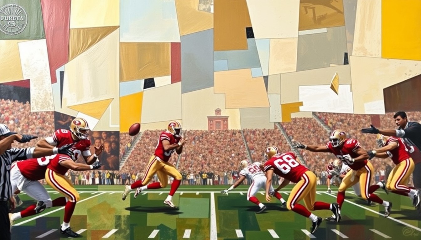A cubist, geometric painting depicting a football game in progress, with players and the field broken down into sharp, overlapping planes of color and shape, capturing the energy and movement of the sport.