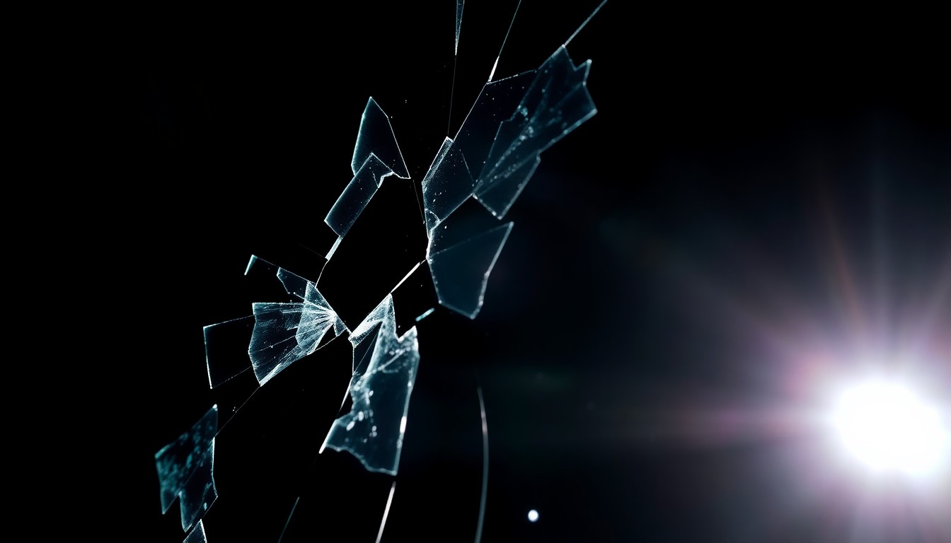 An extreme close-up of a shattered car sensor lens reflecting a faint red light, conceptually illustrating the vandalism of self-driving cars.