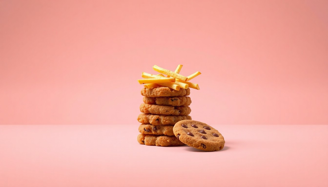 A high-end, photorealistic studio still-life photograph featuring a stack of Chick-fil-A chicken nuggets, a side of waffle fries, and a warm chocolate chip cookie arranged elegantly on a clean, monochromatic seamless background, using sharp, dramatic studio lighting and deep shadows to represent the premium quality and craftsmanship of the brand's menu items.