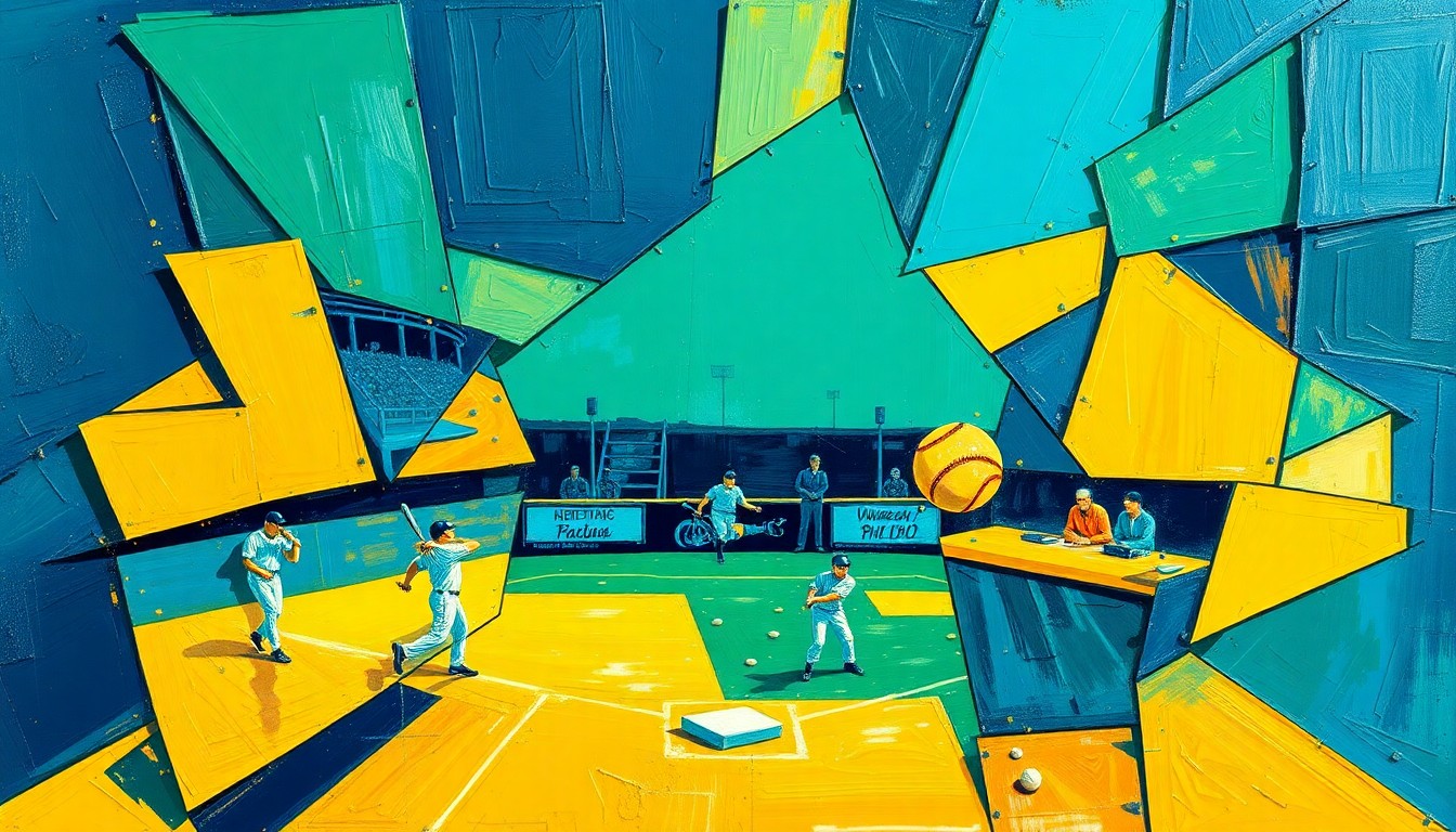 A cubist, geometric painting depicting a softball game or match, with the players and field broken down into sharp, overlapping planes of color in navy, green, and yellow, capturing the dynamic energy of the sport.