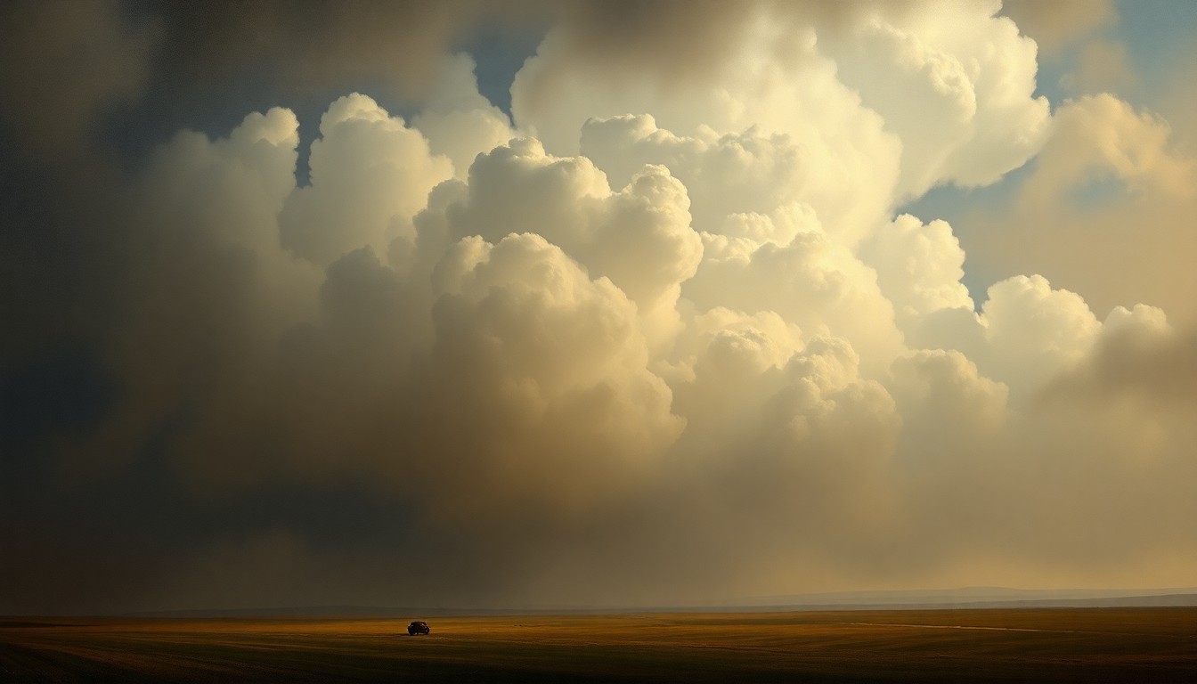 A sweeping, atmospheric landscape painting in muted earth tones, with a small structure or vehicle dwarfed by a dramatic, stormy sky filled with billowing clouds, conveying the overwhelming power of nature and the vulnerability of human presence in the face of extreme weather conditions.