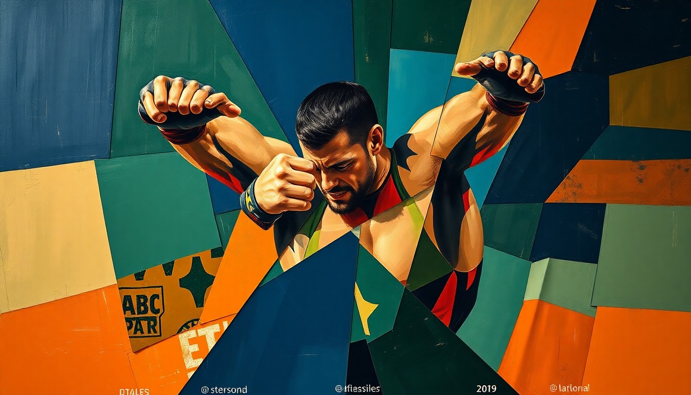 A cubist, geometric painting depicting the explosive movements and powerful physicality of a wrestler, with sharp planes of color and overlapping perspectives capturing the dynamic energy of Gable Steveson's athletic skills.