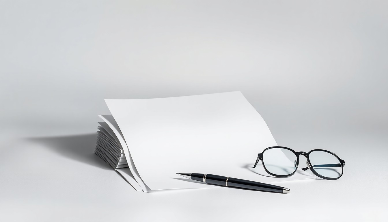 A minimalist, photorealistic studio still life featuring a stack of legal documents, a pen, and a pair of reading glasses arranged elegantly on a clean, monochromatic background, conceptually representing the abstract legal and regulatory expertise required for corporate compliance.