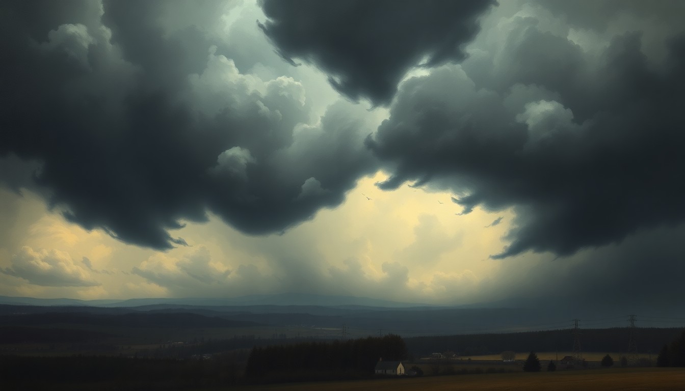 A dramatic, atmospheric landscape painting in muted tones of grey, blue, and green, depicting a rural New England town shrouded in a massive, foreboding storm system, with only the faint outlines of buildings and power lines visible through the heavy clouds, conveying the overwhelming scale and impact of the severe weather event.