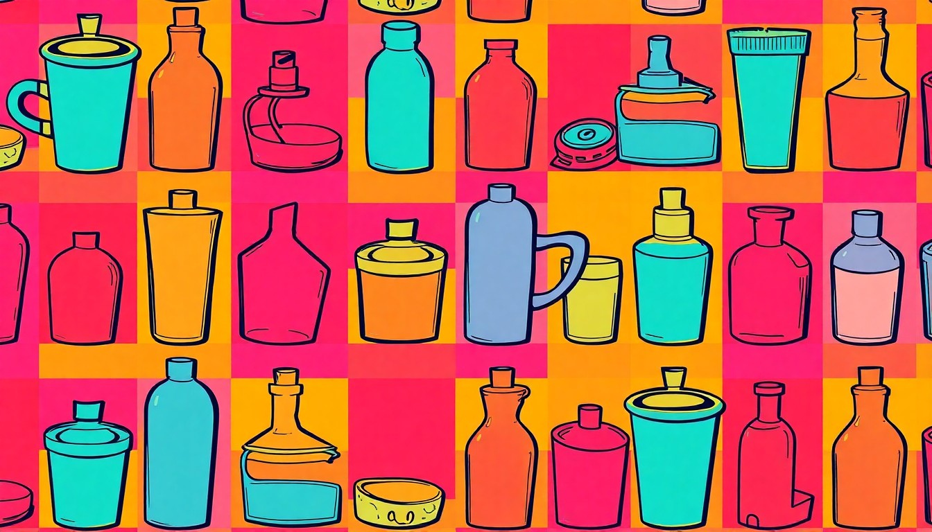 A bold, colorful silkscreen print featuring a repeated pattern of a coffee cup or other everyday lifestyle object, conceptually representing the energy and community spirit of Radiant Nursing Home's Spring Fling event.