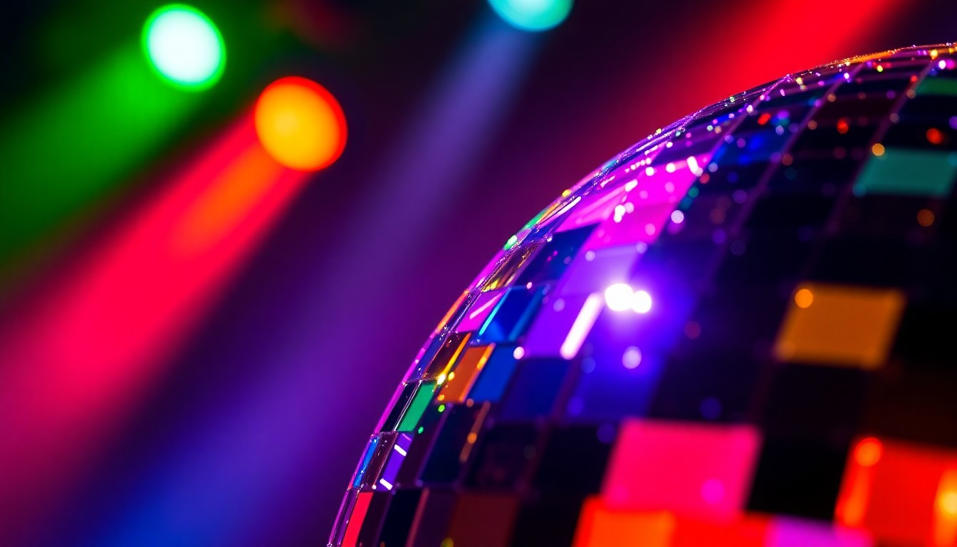 An extreme close-up of shattered disco ball fragments reflecting colorful stage lights, creating a high-contrast, abstract, and glamorous visual metaphor for the energy and diversity of Portland's entertainment offerings.