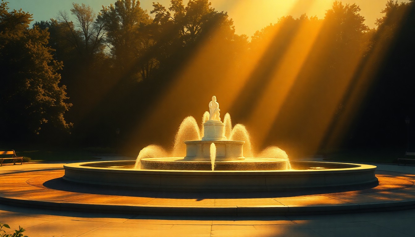 A cinematic painting of the Newlands Memorial Fountain in Chevy Chase, Maryland, with the fountain itself bathed in warm, diagonal sunlight and surrounded by deep shadows, conveying a sense of historical weight and controversy.