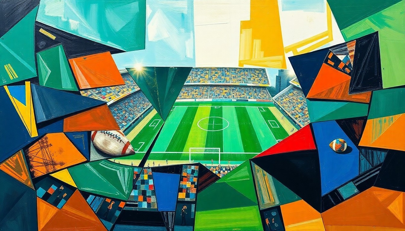 A cubist-style painting depicting a fragmented, geometric interpretation of a football game, with sharp planes of emerald green, royal blue, and burnt orange representing the players and action on the field.