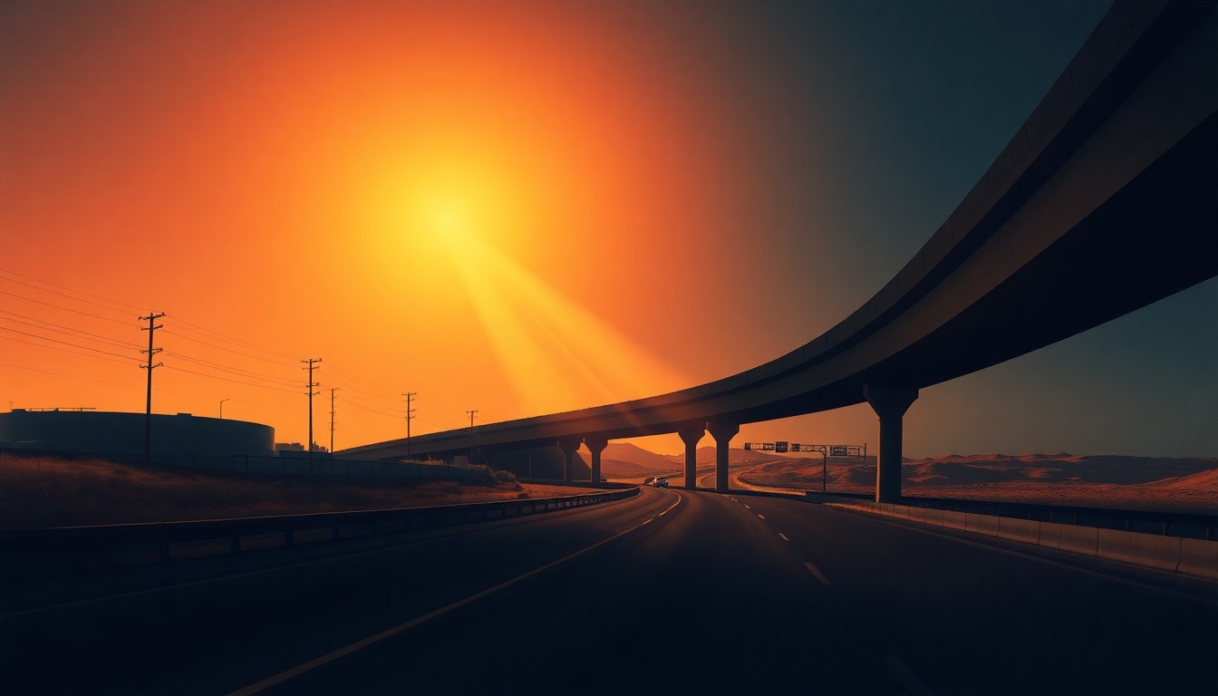 A serene, photorealistic painting of a highway overpass in El Paso, Texas, with warm sunlight and deep shadows creating a contemplative, cinematic mood.