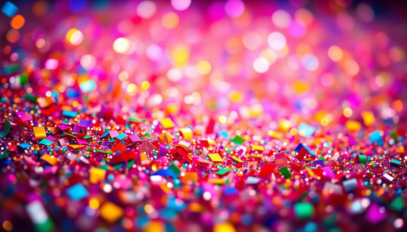 An abstract close-up photograph featuring a dazzling array of shimmering sequins and sparkling confetti in a burst of vivid colors, evoking the energy and excitement of a lively outdoor music festival.